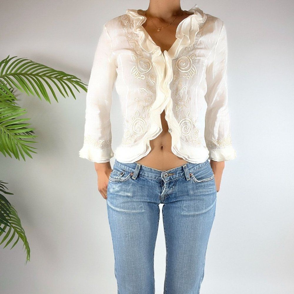 Vintage Neiman Marcus White Floral Cottagecore Ruffle Linen Button Up / Small